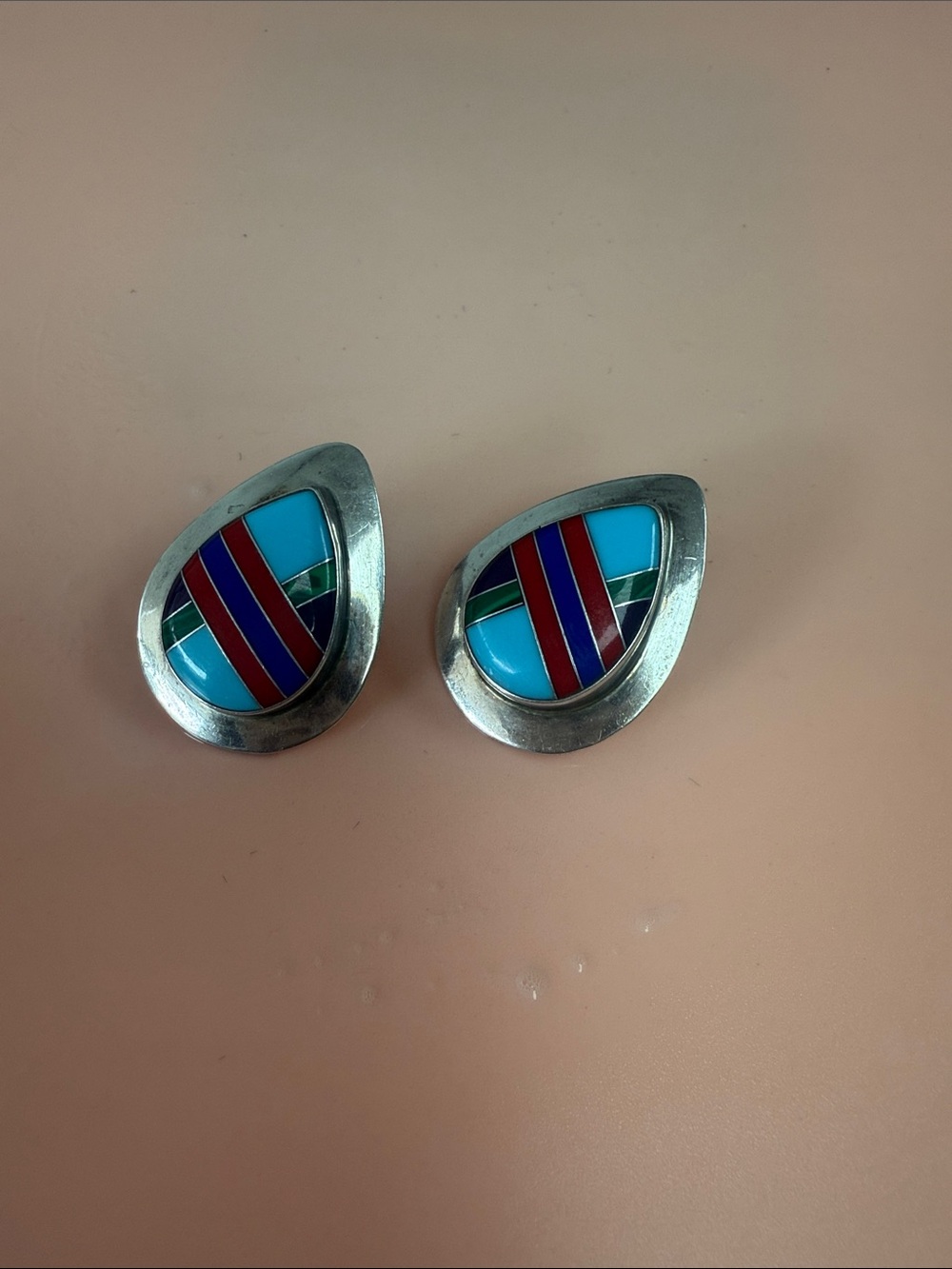 Turquoise Inlay Teardrop Earrings with Red & Green Stripes